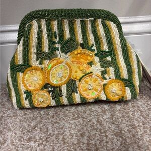 NWT Beaded Lemon Citrus Floral Clutch Green White Stripe Yellow Handbag